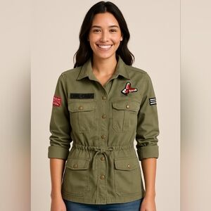 Women's 100% Cotton Olive Green Button Up Utility Jacket Embroidered Size Small